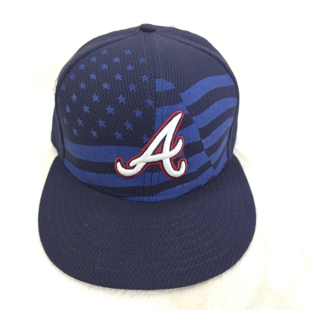 Atlanta Braves Hat Players Cap Fitted Mens 7 1/2 Blue MLB Baseball Stars Stripes